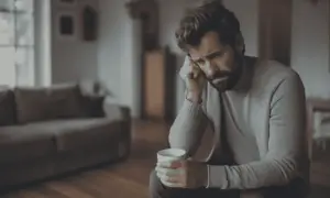 Man med en kopp i handen, med handen mot tinningen, ser nedstämd ut. En känsla av medelsvår depression.