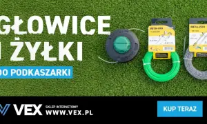 Zielona i szara żyłka wędkarska o różnej grubości do podkaszarki, na tle trawy.
