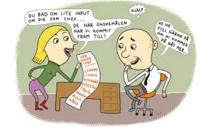 En kvinna presenterar en lista med bra chef egenskaper för en manlig chef. Han verkar lite överväldigad.