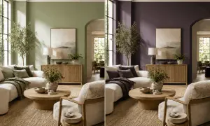 Due soggiorni a confronto: uno con pareti verdi e l'altro con pareti viola. Un esempio di abbinamento colori che trasforma l'atmosfera.