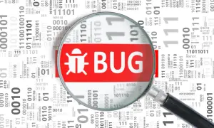 Lupa powiększa symbol owada i napis "BUG", wyjaśniając, czym jest debugowanie.