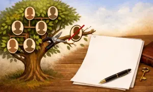 Drzewo genealogiczne z nożycami przecinającymi gałąź symbolizuje trudne postępowanie spadkowe i zmiany w rodzinie.