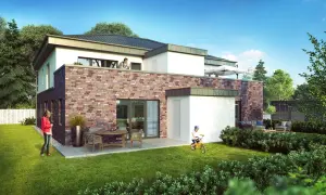 Modernes Haus mit Garten in Hamburg. Ein Kind fährt Rad, eine Frau gießt Pflanzen. Der Bodenrichtwert Hamburg ist hier hoch.