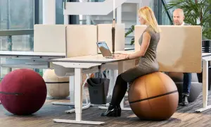 Kvinna arbetar vid ett höj- och sänkbart skrivbord i ett aktivitetsbaserat kontor. Hon sitter på en stor, brun träningsboll.