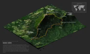 Trójwymiarowa mapa turystyczna masywu Babia Góra z zaznaczonymi szlakami i nazwami szczytów.
