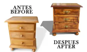 Mesita de noche antigua antes y después de restaurar. La de la izquierda está sin tratar, la de la derecha luce renovada con herrajes dorados.