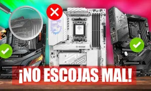 Comparativa de tipos de placa base: una negra con check verde, una blanca con cruz roja y otra negra con check verde. ¡No elijas mal!