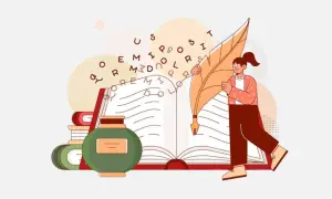 Ilustracja: dziewczyna pisze piórem na otwartej księdze, obok kałamarz i stos książek.