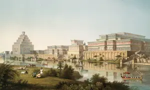 Majestatyczne budowle starożytnego miasta Niniwa nad rzeką, z łodziami i ludźmi odpoczywającymi na brzegu.