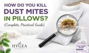 Learn how to get dust mites out of pillows with this guide. Magnified image shows a dust mite on a pillow, with a spray bottle nearby.