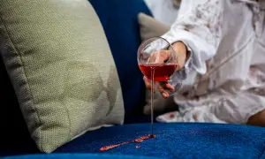 Wino rozlane na granatową kanapę. Jasna poduszka obok, a na niej plamy. Idealne tkaniny obiciowe łatwe do czyszczenia.