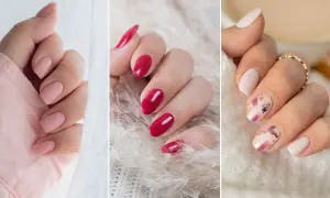 Inspiracje na to, jak zrobic ladne zdjecia paznokci: delikatne róże, intensywna czerwień i subtelny manicure z akcentami złota.
