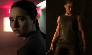 Zwei Szenen aus "The Last of Us": Links eine junge Frau mit Zopf, rechts Abby, muskulös und nass, mit einem Stock.