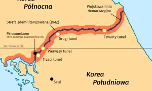 Mapa pokazuje Koreę Północną i Południową, zaznaczając DMZ, tunele i Panmundżom. Seul leży na południu.