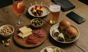 En härlig buffé med sliders, wraps, ost, salami, nötter, oliver, fruktspett, öl och en drink. Perfekt för en AW med jobbet.