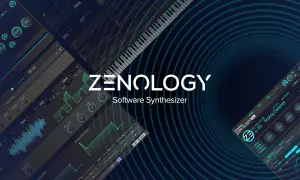 The Roland ZENOLOGY VST3 software synthesizer interface, featuring a virtual keyboard and detailed sound design controls.