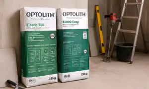 Dwie torby kleju do płytek Optolith Elastic T60 i Elastic Easy. Klej polimerowy z włóknem, idealny do płytek ceramicznych.