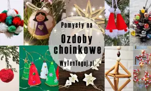 Kolaż zdjęć z różnymi ręcznie robionymi ozdobami choinkowymi: bombki, aniołek, gwiazdy, czapki Mikołaja, szyszka.