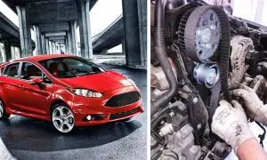 Röd Ford Focus 1.0 EcoBoost. Till vänster en bil, till höger en mekaniker som byter kamrem. Ford Focus 1.0 ecoboost kamremsbyte pris.