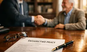 Uścisk dłoni po udanej odprawie emerytalnej. Na stole dokument "Świadectwo pracy", okulary i pióro.