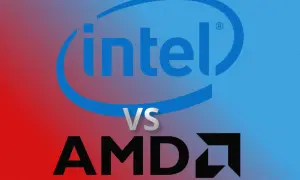 Porównanie procesorów Intel vs AMD. Jaki procesor do laptopa wybrać? Tło z gradientem czerwono-niebieskim.