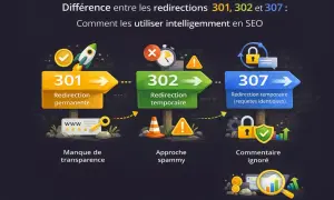 Illustration expliquant les différences entre les redirections 301, 302 et 307, et comment les utiliser en SEO. Une redirection 301 est permanente, 302 temporaire, et 307 temporaire avec requêtes identiques.