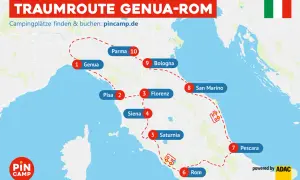 Traumroute Genua-Rom: Karte mit Stationen wie Pisa, Florenz, Rom. Tolle italien reisetipps für Camper.