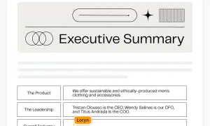 Executive Summary: traduzione di un riassunto aziendale con dettagli su prodotto, leadership e settore.