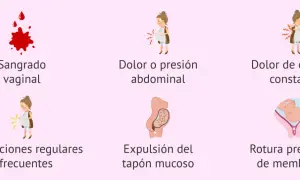 Señales de parto prematuro: sangrado vaginal, dolor abdominal, dolor de espalda, contracciones, expulsión del tapón mucoso y rotura de membranas.
