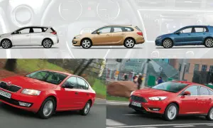 Różne typy aut: biały hatchback, złoty kombi, niebieski hatchback, czerwona Skoda i czerwony Ford Focus.