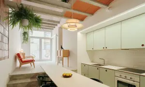 Interior de una casa entre medianeras con cocina moderna, sala de estar con sillón rojo y plantas colgantes.