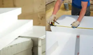 Układanie płyt styropianowych na podłogę. Ręce w rękawiczkach mierzą taśmą izolację.