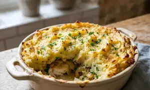 Un parmentier de poisson gourmand, gratiné et parsemé de persil frais. Une bouchée réconfortante et savoureuse.