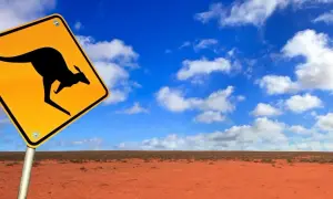 Znak kangura na pustkowiu. Warszawa-Melbourne odległość jest ogromna, ale ten znak przypomina o Australii.