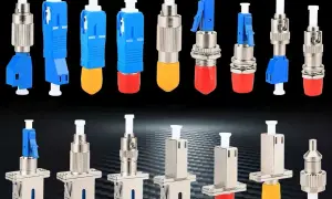 Różnorodne typy złącz światłowodowych: SC, LC, ST, FC w metalowych i plastikowych obudowach.
