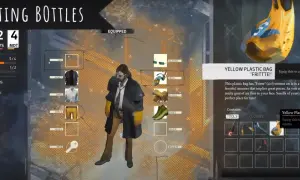 Disco Elysium poradnik: postać zbiera przedmioty, w tym żółtą torbę na uliczne skarby.