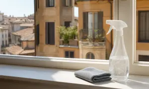 Pistola spray con liquido e panno grigio sul davanzale, pronti per dare il bianco in casa. Vista su palazzi antichi.