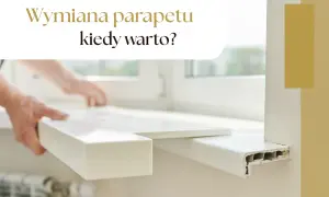 Ręce montują nowy, biały parapet wewnętrzny. Stary, zniszczony parapet jest widoczny obok.