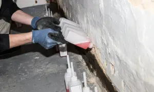 Hände mit Handschuhen führen kleine Flaschen mit roter Flüssigkeit an eine Wand, um Schachtringe abzudichten.