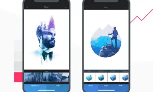 Dos pantallas de móvil muestran un editor de fotos android con efectos creativos: doble exposición en un retrato y un montañista en un paisaje circular.