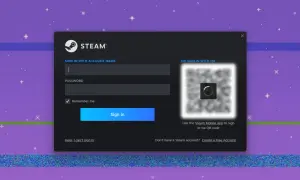 Okno logowania Steam z polami na nazwę użytkownika i hasło, oraz kodem QR do logowania mobilnego.