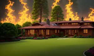 Casa de madera con llamas de fuego al fondo. El césped artificial ignífugo protege el jardín de las llamas.