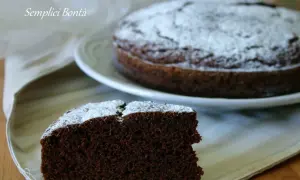 Una fetta di torta con kefir e cacao, spolverata di zucchero a velo, su un tovagliolo.