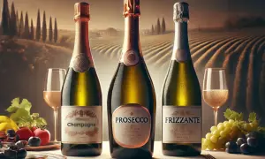 Tre bottiglie di spumante: Champagne, Prosecco e Frizzante, con calici e frutta su un tavolo, sullo sfondo di un vigneto.