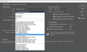 Finestra di dialogo "Impostazioni colore" con il menu a tendina CMYK aperto, che mostra "U.S. Web Coated (SWOP) v2" selezionato, un profilo colore comune per la stampa.