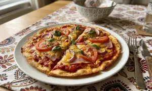 Pyszna pizza z tortilli z pomidorami, szynką i serem, udekorowana bazylią. Idealna na szybki obiad.