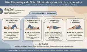 Routine de yoga pour relâcher la pression : 4 exercices guidés incluant respiration, mobilité du bassin, torsion et posture de l'enfant.