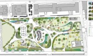 Progetto di riqualificazione urbana con aree verdi, campi sportivi e percorsi pedonali. La **superficie fondiaria** è dettagliata con piante e arredi.