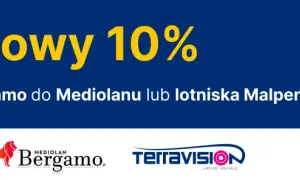 Kod rabatowy 10% na transfer z lotniska Bergamo do Mediolanu lub Malpensy do Mediolanu. Logo Bergamo i TerraVision.