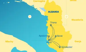 Mapa przedstawia lotniska w Albanii i połączenia lotnicze do Tirany, Wlory, Apolonii, Beratu i Gjirokastry.